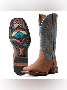 Ariat Brown Leather Cowboy Boots with Teal Embroidered Shaft